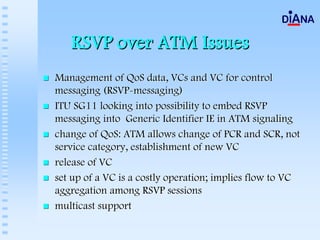RSVP over ATM Issues
Management of QoS data, VCs and VC for control
messaging (RSVP-messaging)
ITU SG11 looking into possibility to embed RSVP
messaging into Generic Identifier IE in ATM signaling
change of QoS: ATM allows change of PCR and SCR, not
service category, establishment of new VC
release of VC
set up of a VC is a costly operation; implies flow to VC
aggregation among RSVP sessions
multicast support
 