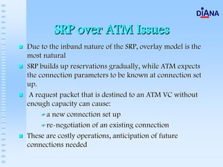 SRP over ATM Issues
Due to the inband nature of the SRP, overlay model is the
most natural
SRP builds up reservations gradually, while ATM expects
the connection parameters to be known at connection set
up.
 A request packet that is destined to an ATM VC without
enough capacity can cause:
      a new connection set up
      re-negotiation of an existing connection
These are costly operations, anticipation of future
connections needed
 