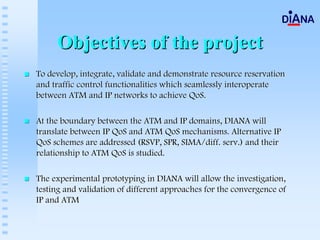 Objectives of the project
To develop, integrate, validate and demonstrate resource reservation
and traffic control functionalities which seamlessly interoperate
between ATM and IP networks to achieve QoS.

At the boundary between the ATM and IP domains, DIANA will
translate between IP QoS and ATM QoS mechanisms. Alternative IP
QoS schemes are addressed (RSVP, SPR, SIMA/diff. serv.) and their
relationship to ATM QoS is studied.

The experimental prototyping in DIANA will allow the investigation,
testing and validation of different approaches for the convergence of
IP and ATM
 