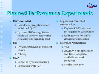 Planned Performance Experiments
  RSVP over ATM                       Application controlled
      How does aggregation affect     renegotiation
      individual QoS?                     Exploits RSVP´s dynamic
      Dynamic BW re-negotiation:          re-negotiation capabilities
      Trade-off between reservation       RVBR service for traffic
      efficiency and signaling load       descriptor calculation
  SRP                                 Reference Applications
      Dynamic behavior in transient       VAT
      phases                              ARMIDA VoD application
      Policing                            (MPEG4): Adapts to
  SIMA                                    available network
      Impact of dynamic marking           resources
      Interaction with TCP                Synthetic sources
 