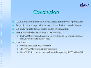Conclusion
DIANA platform has the ability to verify a number of approaches
the project aims to provide answers to evolution considerations
test and evaluate the scenarios under consideration
year 1 started with RSVP over ATM scenario
    RSVP-ATM peer model seems to be problematic: no real application
    need, no immediate market need
year 2 starts:
    proof of RSVP over ATM scenario
    SRP over ATM promising new approach
    SIMA/Diff. Serv. seems more relevant than peering RSVP with ATM
 