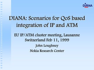 DIANA: Scenarios for QoS based
  integration of IP and ATM
  EU IP/ATM cluster meeting, Lausanne
        Switzerland Feb 11, 1999
             John Loughney
          Nokia Research Center
 
