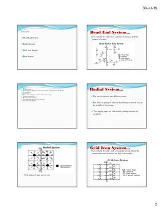 30-Jul-15
2
They are:
Dead End System
Radial System
Grid Iron System
Ring System
Dead End System...
It is suitable for old towns and cities having no definite
pattern of roads.
Advantages
 Relatively cheap.
 Determination of discharges and pressure easier due to less number of cut off valves.
Pipe laying simple.
Disadvantages
 Due to many dead ends, stagnation of water occurs in pipes.
 No water if system fails
 Many scour valves required
 Less maintaining of pressure in the far areas.
 Less water for fire fighting
Radial System...
The area is divided into different zones.
The water is pumped into the distribution reservoir kept in
the middle of each zone.
 The supply pipes are laid radially ending towards the
periphery.
Advantages:
It gives quick service.
Calculation of pipe sizes is easy.
Grid Iron System...
It is suitable for cities with rectangular layout, where the
water mains and branches are laid in rectangles.
 