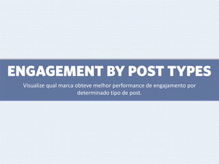 ENGAGEMENT BY POST TYPES
Visualize qual marca obteve melhor performance de engajamento por
determinado tipo de post.
 