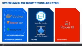 © OPITZ CONSULTING 2021 / Interner Gebrauch
UMSETZUNG IM MICROSOFT TECHNOLOGIE STACK
Digital Exchange - Recommender / Chat Bot
DETAILANALYSE
CHAT BOT
RECOMMENDATION ENGINE
Azure Bot Services
Azure App Services
Azure Kubernetes Services
 