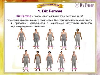 1. Dix Femme1. Dix Femme
Dix Femme – совершенно иной подход к эстетике тела!
Сочетание инновационных технологий, биотехнологических комплексов
и природных компонентов с уникальной методикой японского
скульптурирующего массажа
 
