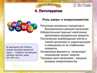 4. Литотерапия4. Литотерапия
В препараты Dix Femme
входят вытяжки железной
руды — главного поставщика
железа, магния, меди
(Fe, Mn, Cu).
Роль макро- и микроэлементов
Регуляция жизненных процессов и
биохимических реакций организма
Избирательный принцип накопления
организмом минеральных веществ
Постепенное освобождение клеток и
тканей организма от радионуклидов
и замещение их на стабильные
элементы
Активизируя ферменты, происходит
сокращение затрат энергии
Тканевые депо организма – мощные
резервы микроэлементов
 