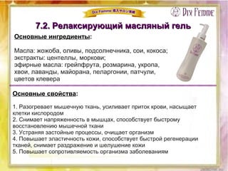 7.2. Релаксирующий масляный гель7.2. Релаксирующий масляный гель
Основные ингредиенты:
Масла: жожоба, оливы, подсолнечника, сои, кокоса;
экстракты: центеллы, моркови;
эфирные масла: грейпфрута, розмарина, укропа,
хвои, лаванды, майорана, пеларгонии, патчули,
цветов клевера
Основные свойства:
1. Разогревает мышечную ткань, усиливает приток крови, насыщает
клетки кислородом
2. Снимает напряженность в мышцах, способствует быстрому
восстановлению мышечной ткани
3. Устраняя застойные процессы, очищает организм
4. Повышает эластичность кожи, способствует быстрой регенерации
тканей, снимает раздражение и шелушение кожи
5. Повышает сопротивляемость организма заболеваниям
 