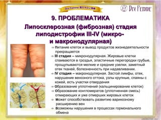 9. ПРОБЛЕМАТИКА9. ПРОБЛЕМАТИКА
Липосклерозная (фиброзная) стадияЛипосклерозная (фиброзная) стадия
липодистрофии ІІІ-ІV (микро-липодистрофии ІІІ-ІV (микро-
и макронодулярная)и макронодулярная)
⇒ Питание клеток и вывод продуктов жизнедеятельности
прекращается
⇒ III стадия – микронодулярная. Жировые клетки
спаиваются в гроздья, эластичные перегородки грубые,
прощупываются мелкие и средние узелки, заметный
отек тканей, болезненность при надавливании.
⇒ IV стадия – макронодулярная. Застой лимфы, отек,
нарушение венозного оттока, узлы крупные, спаяны с
кожей, есть участки отвердения
⇒ Образование уплотнений (кальцинирование клеток)
⇒ Образование конгломератов (уплотненная смесь)
отмирающих и уже отмерших жировых клеток
⇒ Может способствовать развитию варикозному
расширению вен
⇒ Возможны нарушения в процессах гормонального
обмена
 