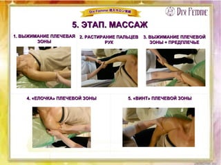 5. ЭТАП. МАССАЖ5. ЭТАП. МАССАЖ
1. ВЫЖИМАНИЕ ПЛЕЧЕВАЯ1. ВЫЖИМАНИЕ ПЛЕЧЕВАЯ
ЗОНЫЗОНЫ
2. РАСТИРАНИЕ ПАЛЬЦЕВ2. РАСТИРАНИЕ ПАЛЬЦЕВ
РУКРУК
3. ВЫЖИМАНИЕ ПЛЕЧЕВОЙ3. ВЫЖИМАНИЕ ПЛЕЧЕВОЙ
ЗОНЫ + ПРЕДПЛЕЧЬЕЗОНЫ + ПРЕДПЛЕЧЬЕ
4. «ЕЛОЧКА» ПЛЕЧЕВОЙ ЗОНЫ4. «ЕЛОЧКА» ПЛЕЧЕВОЙ ЗОНЫ 5. «ВИНТ» ПЛЕЧЕВОЙ ЗОНЫ5. «ВИНТ» ПЛЕЧЕВОЙ ЗОНЫ
 