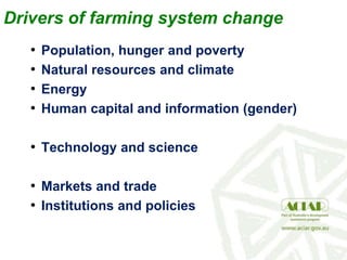 Drivers of farming system change
• Population, hunger and poverty
• Natural resources and climate
• Energy
• Human capital and information (gender)
• Technology and science
• Markets and trade
• Institutions and policies
 