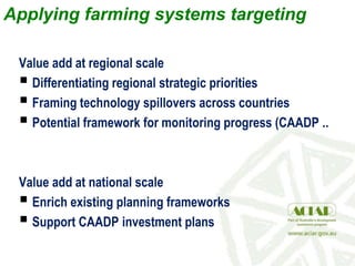 Applying farming systems targeting
Value add at regional scale
 Differentiating regional strategic priorities
 Framing technology spillovers across countries
 Potential framework for monitoring progress (CAADP ..
Value add at national scale
 Enrich existing planning frameworks
 Support CAADP investment plans
 
