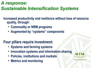 A response:
Sustainable Intensification Systems
Increased productivity and resilience without loss of resource
quality, through:
• Commodity or NRM programs
• Augmented by “systems” components
Four pillars require investment:
• Systems and farming systems
• Innovation systems and information sharing
• Policies, institutions and markets
• Metrics and monitoring
 