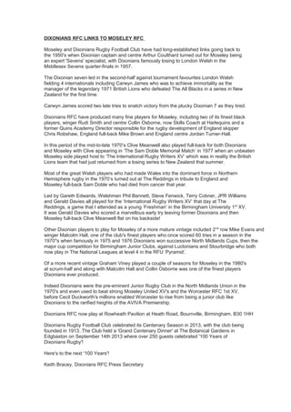 Dixonians rfc links to moseley rfc | DOC | Rugby Union | Rugby