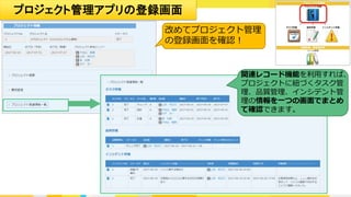 ②タスクの作業状況を登録！
担当者Bさん
プロジェクト管理アプリ タスク管理アプリ
kintone DIY 7
プロジェクト情報に紐づくタスク情報を登録。
・プロジェクトの全体情報はタスク管理画面
から確認できます。（転記不要！）
・作業を洗い出して完了後にチェック。
 