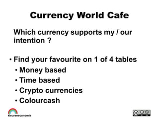 Currency World Cafe
Which currency supports my / our
intention ?
●
Find your favourite on 1 of 4 tables
●
Money based
●
Time based
●
Crypto currencies
●
Colourcash
 
