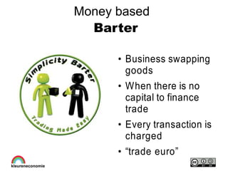 Money based
Barter
●
Business swapping
goods
●
When there is no
capital to finance
trade
●
Every transaction is
charged
●
“trade euro”
 