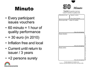 Minuto
●
Every participant
issues vouchers
●
60 minuto = 1 hour of
quality performance
●
= 30 euro (in 2010)
●
Inflation f...