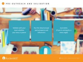 @ K R Y S T I A N S Z A S T O K
P R E - O U T R E A C H A N D V A L I D A T I O N2
Validate with your
team whether
your story is potent
Run the idea/concept
past prospects and
influencers
Journalists
(if you’re aiming for a
news angle)
 