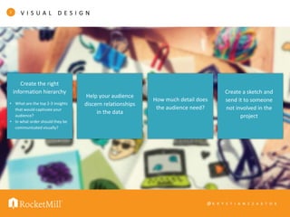 @ K R Y S T I A N S Z A S T O K
V I S U A L D E S I G N3
Create the right
information hierarchy
Help your audience
discern relationships
in the data
How much detail does
the audience need?
Create a sketch and
send it to someone
not involved in the
project
• What are the top 2-3 insights
that would captivate your
audience?
• In what order should they be
communicated visually?
 