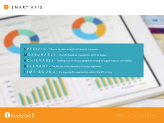 @ K R Y S T I A N S Z A S T O K
S M A R T K P I S5
S P E C I F I C - It has to be clear what the KPI exactly measures.
M E A S U R A B L E - The KPI should be measurable, don’t be vague.
A C H I E V A B L E - Nothing is more discouraging than striving for a goal that you can’t obtain.
R E L E V A N T - The KPI has to be relevant to business objectives.
T I M E B O U N D - It is important to express the value of the KPI in time.
 