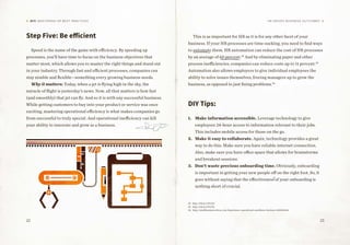 22 23
DIY: MASTERING HR BEST PRACTICES HR Drives Business Outcomes
Step Five: Be efficient
Speed is the name of the game with efficiency. By speeding up
processes, you’ll have time to focus on the business objectives that
matter most, which allows you to master the right things and stand out
in your industry. Through fast and efficient processes, companies can
stay nimble and flexible—something every growing business needs.
Why it matters: Today, when a jet is flying high in the sky, the
miracle of flight is yesterday’s news. Now, all that matters is how fast
(and smoothly) that jet can fly. And so it is with any successful business.
While getting customers to buy into your product or service was once
exciting, mastering operational efficiency is what makes companies go
from successful to truly special. And operational inefficiency can kill
your ability to innovate and grow as a business.
This is as important for HR as it is for any other facet of your
business. If your HR processes are time-sucking, you need to find ways
to automate them. HR automation can reduce the cost of HR processes
by an average of 60 percent.22
And by eliminating paper and other
process inefficiencies, companies can reduce costs up to 11 percent.23
Automation also allows employers to give individual employees the
ability to solve issues themselves, freeing managers up to grow the
business, as opposed to just fixing problems.24
DIY Tips:
1.	 Make information accessible. Leverage technology to give
employees 24-hour access to information relevant to their jobs.
This includes mobile access for those on the go.
2.	 Make it easy to collaborate. Again, technology provides a great
way to do this. Make sure you have reliable internet connection.
Also, make sure you have office space that allows for brainstorms
and breakout sessions.
3.	 Don’t waste precious onboarding time. Obviously, onboarding
is important in getting your new people off on the right foot. So, it
goes without saying that the effectiveness of your onboarding is
nothing short of crucial.
22	http://bit.ly/1tYz7I2
23	http://bit.ly/1tYz7I2
24	http://smallbusiness.chron.com/importance-operational-excellence-business-25018.html
 