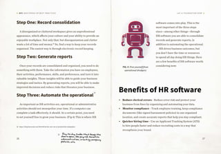 26 27
DIY: MASTERING HR BEST PRACTICES Lay a Foundation Now
Step One: Record consolidation
A disorganized or cluttered workspace gives an unprofessional
appearance, which affects your culture and your ability to provide an
enjoyable workplace. Not only that, but disorganization and clutter
waste a lot of time and money.25
So, find a way to keep your records
organized. The easiest way is through electronic record keeping.
Step Two: Generate reports
Once your records are consolidated and organized, you need to do
something with them. Take the information you have on employees,
their activities, performance, skills, and preferences, and turn it into
valuable insights. Those insights will be able to guide your business
strategies and tactics. By generating reports, you will be able to make
improved decisions and reduce risks that threaten your business.
Step Three: Automate the operational
As important as HR activities are, operational or administrative
activities should not monopolize your time. If a computer can
complete a task effectively, it should. At a certain point, you need
to set yourself free to grow your business. (Fig 4) This is where HR
software comes into play. This is the
most important of the three steps
since—among other things—through
HR software you are able to consolidate
records and generate reports, in
addition to automating the operational.
HR drives business outcomes, but
you don’t have the time or resources
to spend all day doing HR things. Here
are a few benefits of HR software worth
considering now:
Benefits of HR software
•	 Reduce clerical errors - Reduce error risk and protect your
business from fines by organizing and automating your data.
•	 Monitor compliance - Track employee training, keep compliance
documents (like signed harassment policies) in one organized
location, and create accurate reports that help you stay compliant.
•	 Quicker hiring time - Use an Applicant Tracking System (ATS)
to hire people faster and reduce recruiting costs in a way that
strengthens your brand.
FIG. 4 Free yourself from
operational drudgery
25	https://blog.barracuda.com/2014/09/24/the-real-cost-of-productivity-infographic/
Day to day tasks that keep the
doors open, like payroll, benefits
administration, creating company
policies, etc.
 