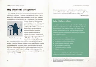 6 7
DIY: MASTERING HR BEST PRACTICES HR Drives Business Outcomes
Step One: Build a Strong Culture
You probably already have an understanding of just how important
culture is to a business. A company without a strong culture is like a
whale stuck in the Sahara desert (things will not end well), whereas a
company with a strong culture is like a bear feasting in the fish-filled
rivers of Alaska (Fig 1.) But did you
know that culture is one of the primary
drivers of employee engagement?
And did you know HR is instrumental
in the creation of culture through
activities like smart recruiting,
effective onboarding, proactive
training, performance management,
and benefits programs, among others?
Why this matters: Employee
engagement is largely a byproduct of
how your employees view your company—specifically your culture.
Because if they don’t identify with who you are as a company—why you
exist and what your purpose is—it’ll be hard for them to care about
much else (other than perhaps how much you pay them). On the flip
side, when your people believe in and align with your purpose, they
are more engaged, perform better, and stay longer. And this process of
alignment begins with HR!
Culture! Culture! Culture!
Just how much does culture really matter? In 1992 Harvard
professor John Kotter and co-author James Heskett studied
businesses that made company culture a key aspect of their
strategy and those that did not. What they found was that
company culture is monumentally important. For companies
that focused on culture:
•	 Revenues increased 4 times faster
•	 Job creation rates grew 7 times higher
•	 Stock prices increased 12 times faster
•	 Profits climbed 750 percent higher
•	 Net income grew 700 percent
•	 Customer satisfaction doubled
•	 Reduced turnover 2
Far more recently, it has been found that 69 percent of
employees cite meaningfulness3
at work as a reason for
FIG. 1 Be culturally strong
“If your culture is not clear—and clearly linked to what drives the
success of the enterprise—then engagement is much more difficult to
achieve because employees don’t know how to truly fit in.”
—Maddie Grant 1
1	http://spinsucks.com/entrepreneur/define-employee-engagement
2	http://www.forbes.com/sites/johnkotter/2011/02/10/does-corporate-culture-drive-financial-performance/
3	http://http://humanresources.about.com/od/Employee-Engagement/a/keys-for-improving-employee-
satisfaction-and-engagement.htm
http://spinsucks.com/entrepreneur/define-employee-engagement
 