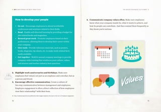 12 13
DIY: MASTERING HR BEST PRACTICES HR Drives Business Outcomes
How to develop your people
•	 Go out - Encourage employees to attend worthwhile
conferences and seminars related to their fields.
•	 Read - Enable self-directed learning by providing a budget for
job-related books and magazines.
•	 Reward great work - Promote employees based on their
performance, allowing them to develop their career within
your company.
•	 Give tools - Provide reference materials, such as posters,
books, diagrams, tip-sheets, etc. to make work-related facts
easily available.
•	 Get together - Hold bi-annual company meetings to provide
company-wide training that reinforces your culture, values,
and mission and teaches industry best-practices.
2.	 Highlight work anniversaries and birthdays. Make sure
employees feel valued, not just as an employee and coworker, but as
a person and friend.
3.	 Encourage effective communication. Create a culture of
two-way communication between management and employees.
Employee engagement is often a direct reflection of how employees
view their relationship10
with their boss.
4.	 Communicate company values often. Make sure employees
know what your company stands for, what it wants to achieve, and
how its people can contribute. And then remind them frequently so
they know you’re serious.
10.	http://iveybusinessjournal.com/publication/what-engages-employees-the-most-or-the-ten-cs-of-employee-engagement/
 