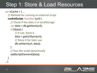 Step 1: Store & Load Resources
var	
  sCache	
  =	
  {	
  …	
  
	
  	
  	
  	
  //	
  Method	
  for	
  running	
  an	
  external	
  script	
  
	
  	
  	
  	
  runExtScript:	
  funcHon	
  (url)	
  {	
  
	
  	
  	
  	
  	
  	
  	
  	
  //	
  Check	
  if	
  the	
  data	
  is	
  in	
  localStorage	
  
	
  	
  	
  	
  	
  	
  	
  	
  var	
  data	
  =	
  db.getItem(url);	
  
	
  	
  	
  	
  	
  	
  	
  	
  if	
  (!data)	
  {	
  
                                        	
  //	
  If	
  not,	
  fetch	
  it	
  	
  
                                        	
  data	
  =	
  getUrlSync(url);	
  
	
                                      	
  //	
  Store	
  it	
  for	
  later	
  use	
  
                                        	
  db.setItem(url,	
  data);	
  
	
  	
  	
  	
  	
  	
  	
  	
  }	
  
	
  	
  	
  	
  	
  	
  	
  	
  //	
  Run	
  the	
  script	
  dynamically	
  
	
  	
  	
  	
  	
  	
  	
  	
  addScriptElement(data);	
  
	
  	
  	
  	
  }	
  
…}	
  

 17	
  
 