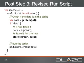 Post Step 3: Revised Run Script
var	
  sCache	
  =	
  {	
  …	
  
	
  	
  	
  	
  runExtScript:	
  funcHon	
  (url)	
  {	
  
	
  	
  	
  	
  	
  	
  	
  	
  //	
  Check	
  if	
  the	
  data	
  is	
  in	
  the	
  cache	
  
	
  	
  	
  	
  	
  	
  	
  	
  var	
  data	
  =	
  getItem(url);	
  
	
  	
  	
  	
  	
  	
  	
  	
  if	
  (!data)	
  {	
  
                                       	
  //	
  If	
  not,	
  fetch	
  it	
  	
  
                                       	
  data	
  =	
  $.get(url);	
  
                                       	
  //	
  Store	
  it	
  for	
  later	
  use	
  
                                       	
  storeItem(url,	
  data);	
  
	
  	
  	
  	
  	
  	
  	
  	
  }	
  
	
  	
  	
  	
  	
  	
  	
  	
  //	
  Run	
  the	
  script	
  
	
  	
  	
  	
  	
  	
  	
  	
  addScriptElement(data);	
  
	
  	
  	
  	
  }	
  
…}	
  

 22	
  
 