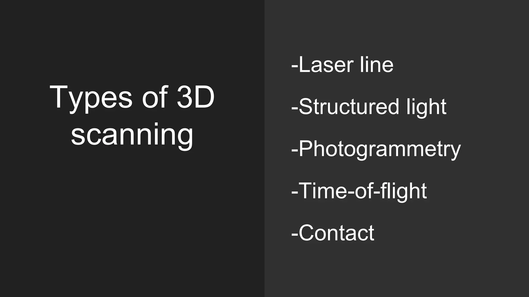 Types of 3D
scanning
-Laser line
-Structured light
-Photogrammetry
-Time-of-flight
-Contact
 