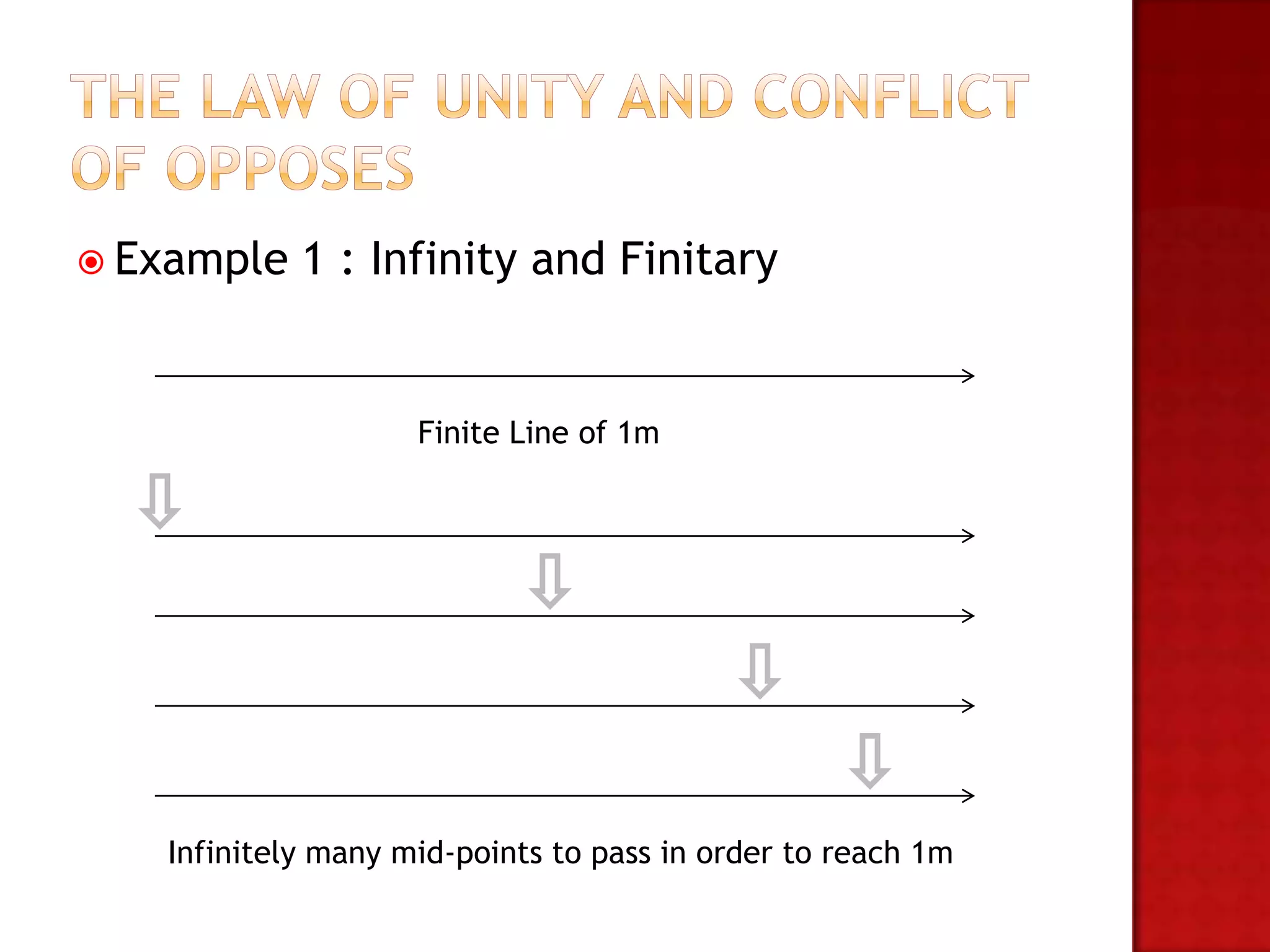  Example   1 : Infinity and Finitary


                    Finite Line of 1m




   Infinitely many mid-points to pass in order to reach 1m
 