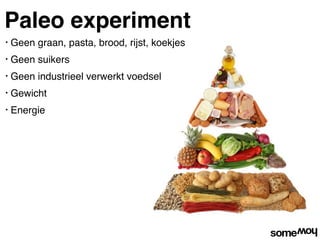 Paleo experiment
•   Geen graan, pasta, brood, rijst, koekjes
•   Geen suikers
•   Geen industrieel verwerkt voedsel
•   Gewicht
•   Energie
 