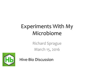 Experiments With My
Microbiome
Richard Sprague
March 15, 2016
Hive-Bio Discussion
 
