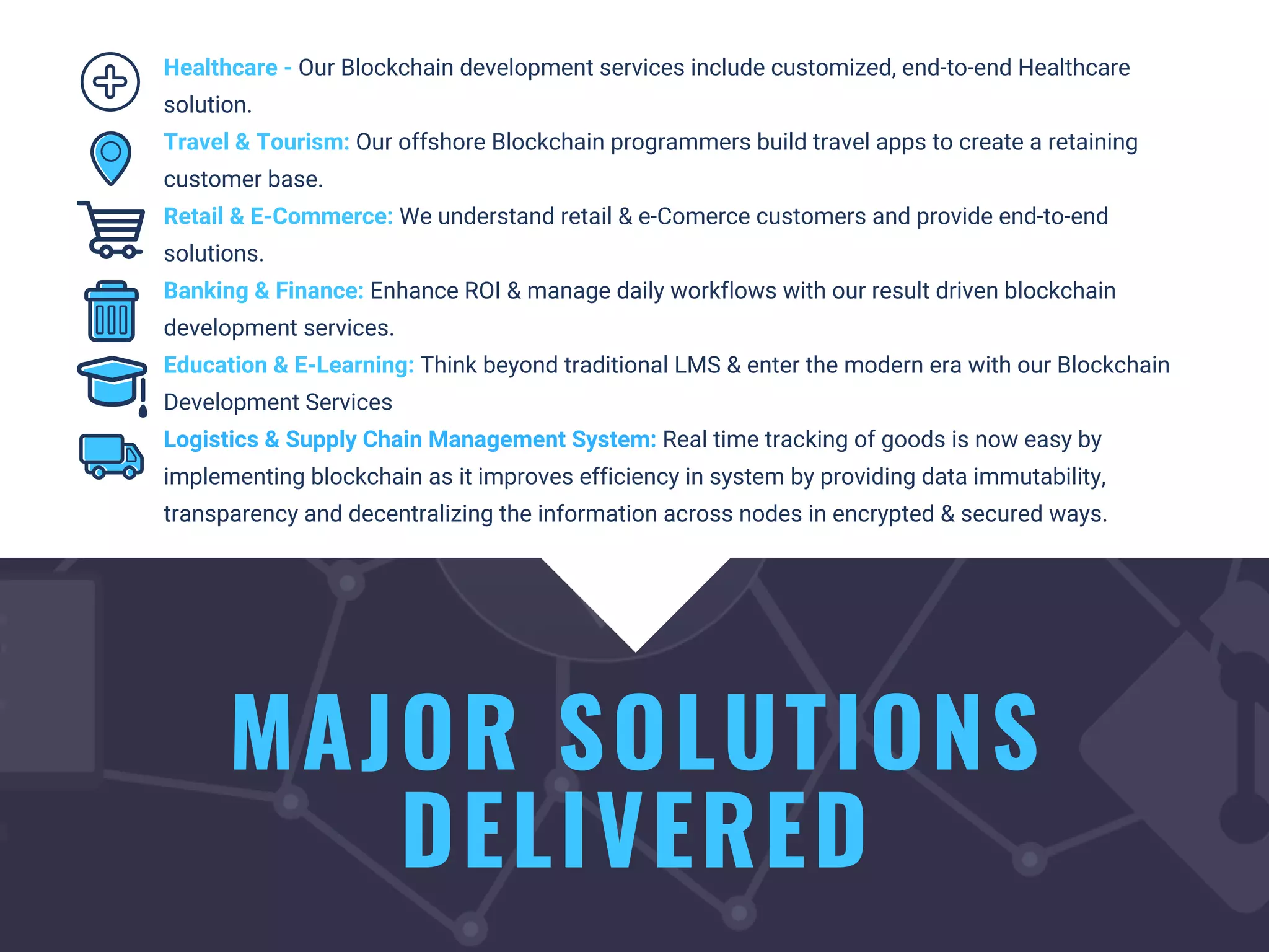 MAJOR SOLUTIONS
DELIVERED
Healthcare - Our Blockchain development services include customized, end-to-end Healthcare
solution. 
Travel & Tourism: Our offshore Blockchain programmers build travel apps to create a retaining
customer base.
Retail & E-Commerce: We understand retail & e-Comerce customers and provide end-to-end
solutions.
Banking & Finance: Enhance ROI & manage daily workflows with our result driven blockchain
development services. 
Education & E-Learning: Think beyond traditional LMS & enter the modern era with our Blockchain
Development Services
Logistics & Supply Chain Management System: Real time tracking of goods is now easy by
implementing blockchain as it improves efficiency in system by providing data immutability,
transparency and decentralizing the information across nodes in encrypted & secured ways. 
 