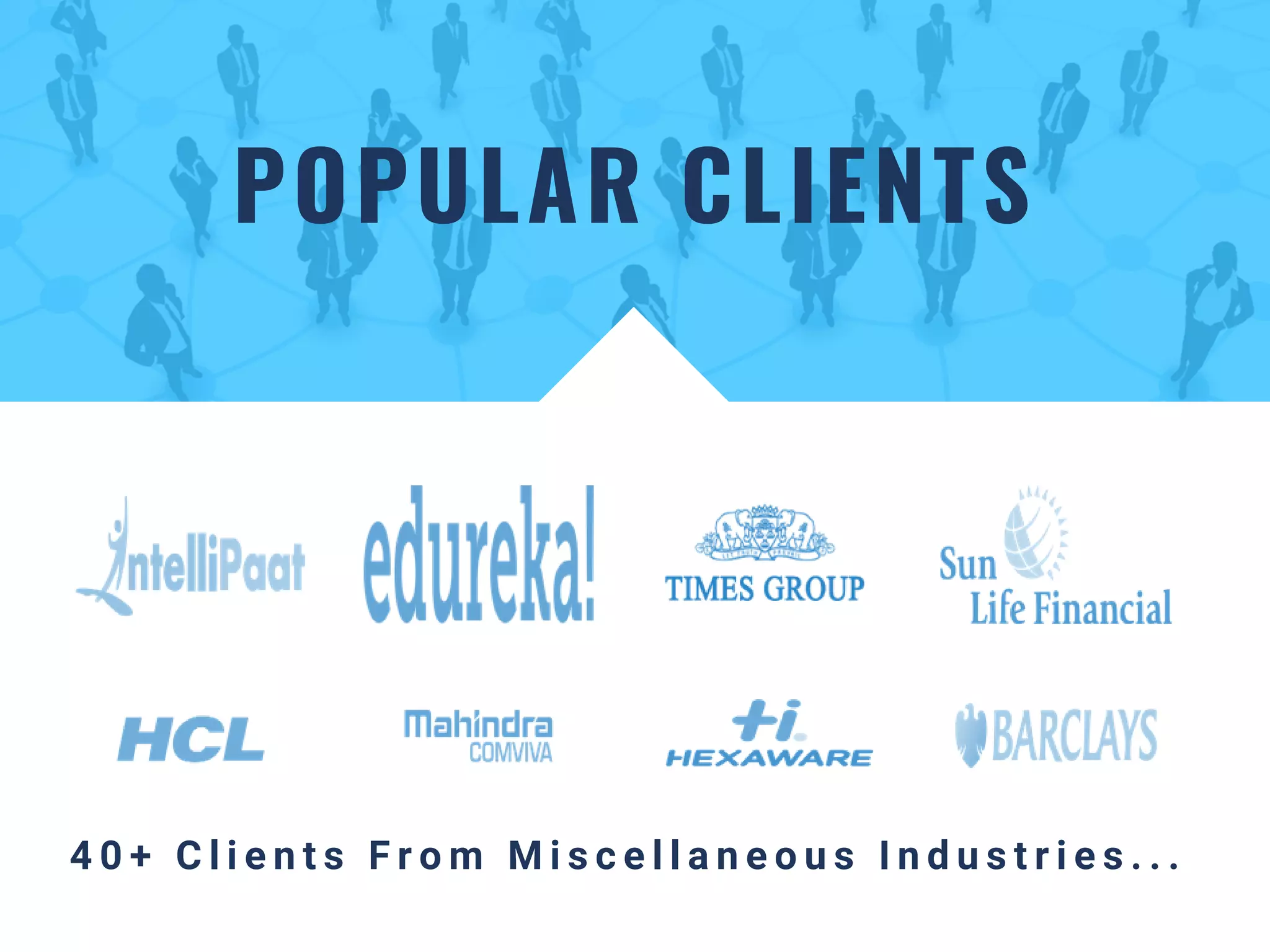 POPULAR CLIENTS
4 0 + C l i e n t s F r o m M i s c e l l a n e o u s I n d u s t r i e s . . .  
 