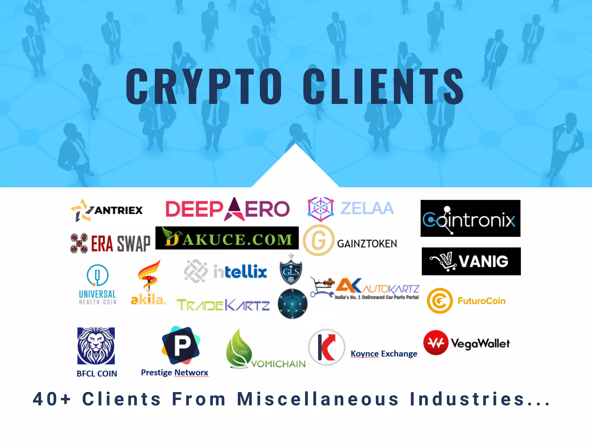 CRYPTO CLIENTS
4 0 + C l i e n t s F r o m M i s c e l l a n e o u s I n d u s t r i e s . . .  
 