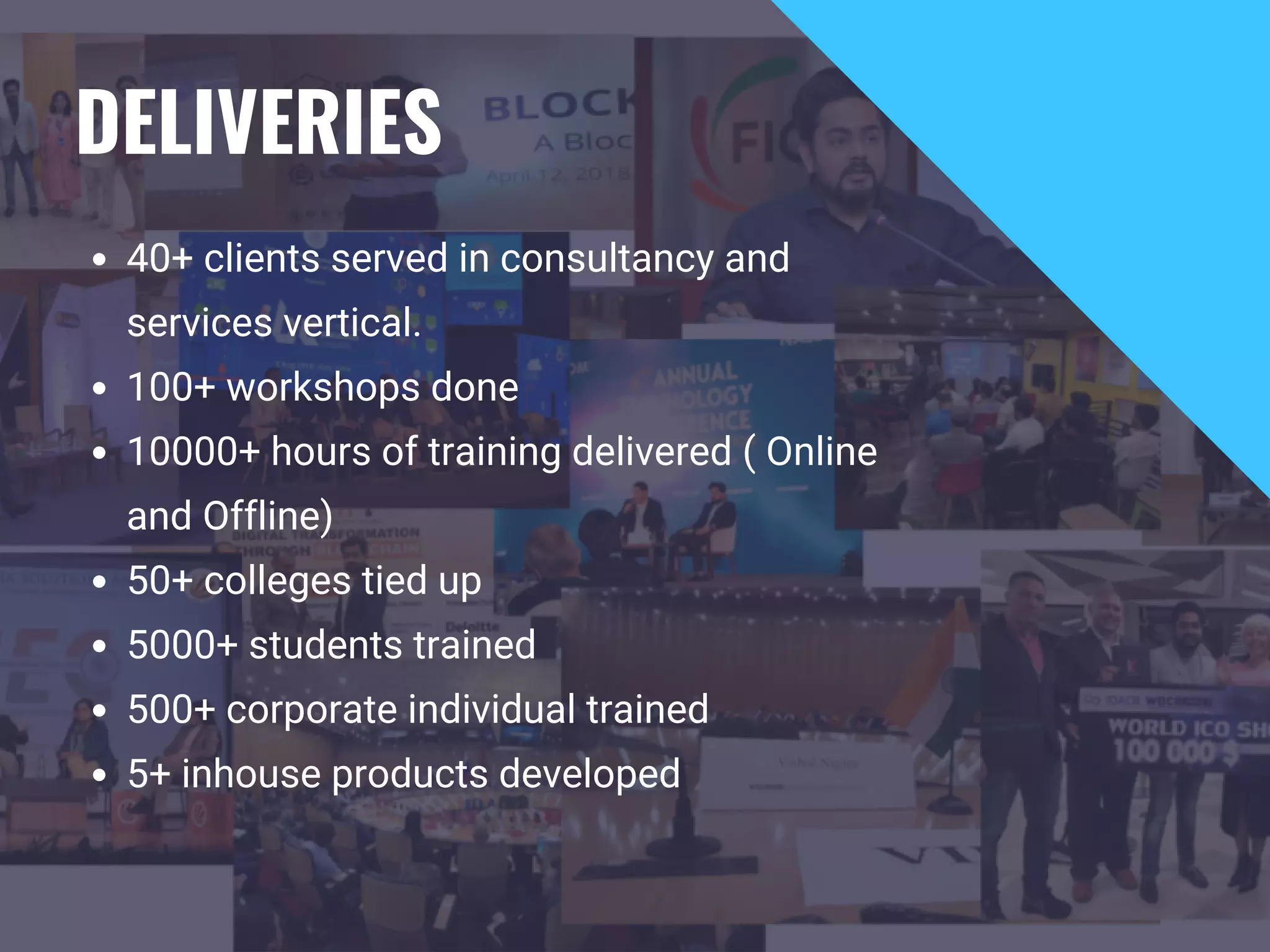 DELIVERIES
40+ clients served in consultancy and
services vertical.
100+ workshops done
10000+ hours of training delivered ( Online
and Offline)
50+ colleges tied up
5000+ students trained
500+ corporate individual trained
5+ inhouse products developed
 