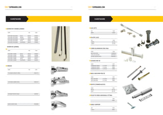 HARDWAREHARDWARE
WORKTOP CORNER JOINERS
WORKTOP JOINERS
HINGES
GAS LIFTS
PLASTIC LEGS
19MM ALUMINIUM OVAL RAIL
SCREWS PER 50
WALL ANCHORS PER 50
WHITE CORNER BLOCKS	
PUSH TO OPEN UNIVERSAL FITTING	
SHELF SUPPORT	
NAME SIZE CODE
POSTFORM CNR JOINER BLACK 640mm HW0001
POSTFORM CNR JOINER BROWN 640mm HW0002
POSTFORM CNR JOINER CARAMEL 640mm HW0003
POSTFORM CNR JOINER WHITE 640mm HW0004
POSTFORM CNR JOINER ALUMINIUM 640mm HW0005
NAME SIZE CODE
POSTFORM T JOINER BLACK 640mm HW0007
POSTFORM T JOINER BROWN 640mm HW0008
POSTFORM T JOINER CARAMEL 640mm HW0010
POSTFORM T JOINER WHITE 640mm HW0011
POSTFORM T JOINER ALUMINIUM 640mm HW0012
NAME SIZE CODE
110 DEGREE STRAIGHT HINGE IHDHP110
45 DEGREE POSITIVE HINGE IHDHP45
170 DEGREE CORNER HINGE IHDHP170
BLIND CORNER HINGE IHDHP90B
SIZE CODE
80NM GL0001
SIZE CODE
150MM PLG150
100MM PLG100
NAME CODE
RAILS PER METER HANGRAIL
OVAL RAIL HOLDERS HANGRAIL B
CENTRE SUPPORT WHITE HANGRAIL C
NAME CODE
CHIPBOARD SCREWS 6 x 16mm Z0001
CHIPBOARD SCREWS 6 x 30mm Z0002
CHIPBOARD SCREWS 6 x 40mm Z0003
NAME CODE
WALL ANCHORS 6 x 55mm Z0004
WALL ANCHORS 6 x 75mm Z0005
NAME CODE
PER 20 Z0112A
EACH Z0112C
CODE
P0001
SIZE CODE
112mm P0001
2221
 