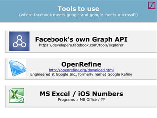 Tools to use

(where facebook meets google and google meets microsoft)

Facebook‘s own Graph API
https://developers.facebook.com/tools/explorer

OpenRefine

http://openrefine.org/download.html
Engineered at Google Inc., formerly named Google Refine

MS Excel / iOS Numbers
Programs > MS Office / ??

 