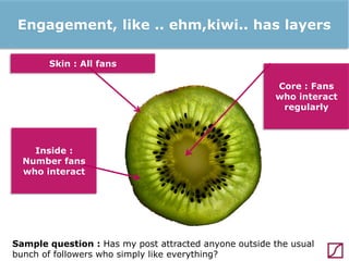 Engagement, like .. ehm,kiwi.. has layers
Skin : All fans
Core : Fans
who interact
regularly

Inside :
Number fans
who interact

Sample question : Has my post attracted anyone outside the usual
bunch of followers who simply like everything?

 