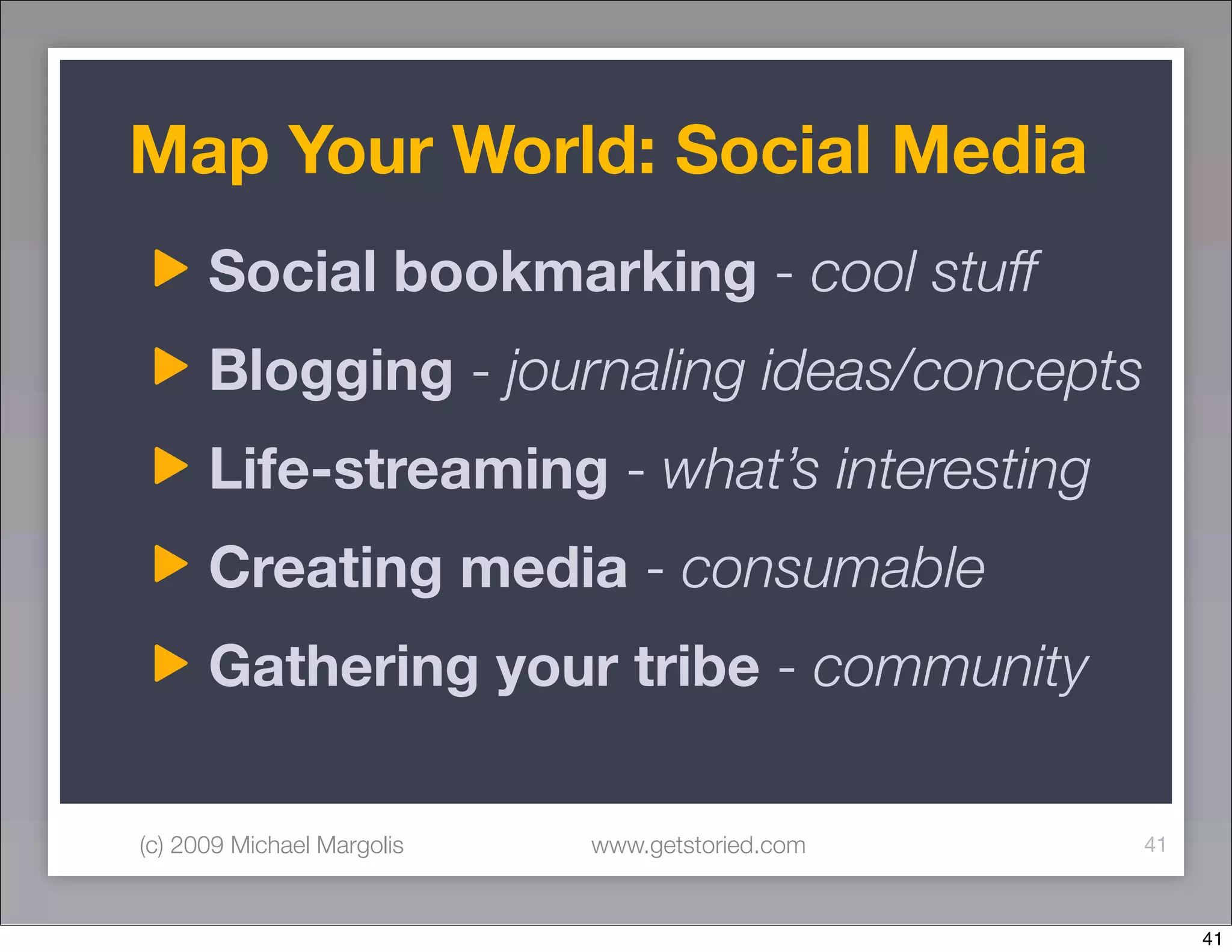Map Your World: Social Media
      Social bookmarking - cool stuff
      Blogging - journaling ideas/concepts
      Life-streaming - what’s interesting
      Creating media - consumable
      Gathering your tribe - community

(c) 2009 Michael Margolis   www.getstoried.com   41



                                                      41
 