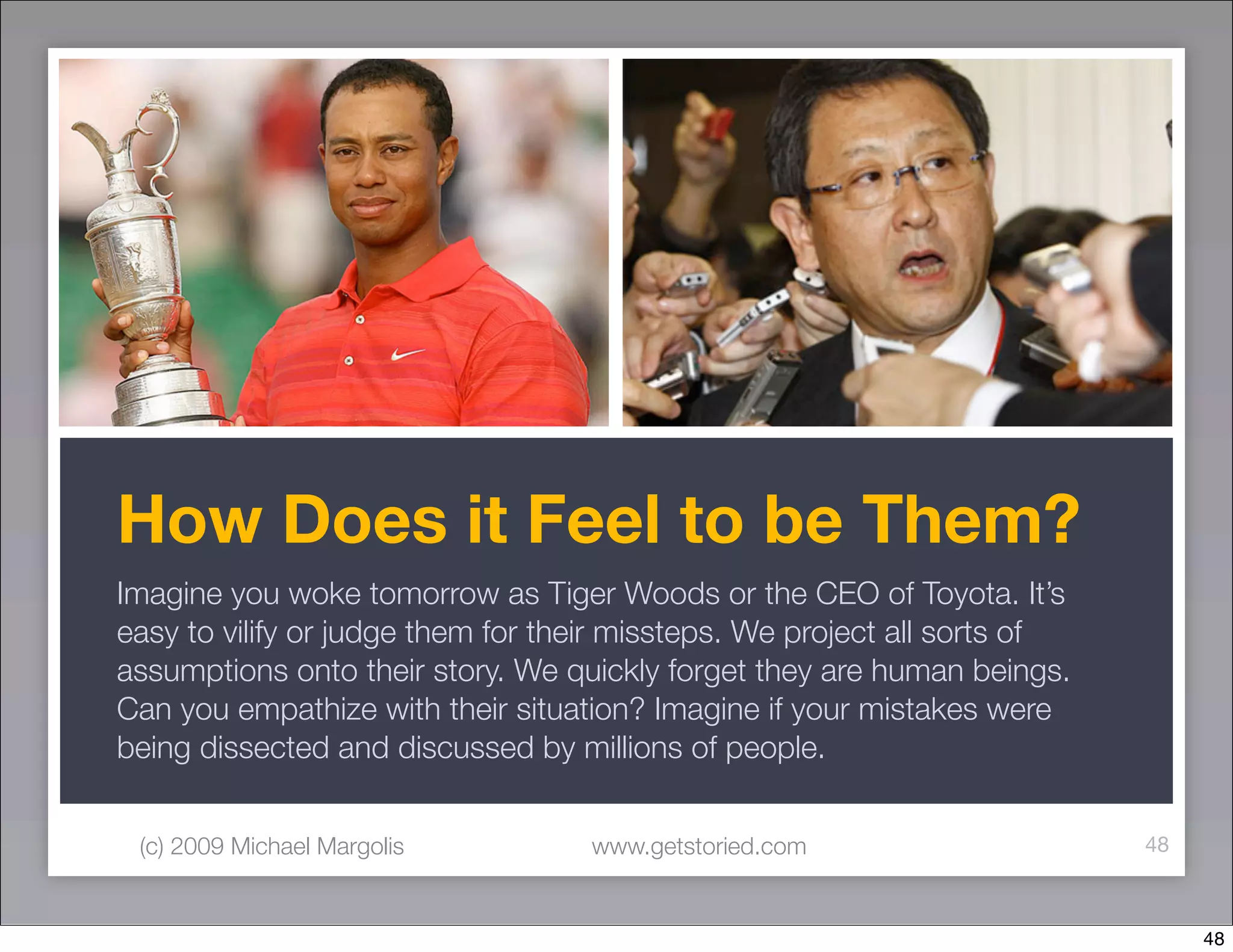 How Does it Feel to be Them?
Imagine you woke tomorrow as Tiger Woods or the CEO of Toyota. It’s
easy to vilify or judge them for their missteps. We project all sorts of
assumptions onto their story. We quickly forget they are human beings.
Can you empathize with their situation? Imagine if your mistakes were
being dissected and discussed by millions of people.


 (c) 2009 Michael Margolis         www.getstoried.com                      48



                                                                                48
 