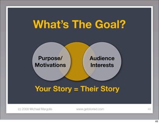 What’s The Goal?

             Purpose/               Audience
            Motivations             Interests



          ...