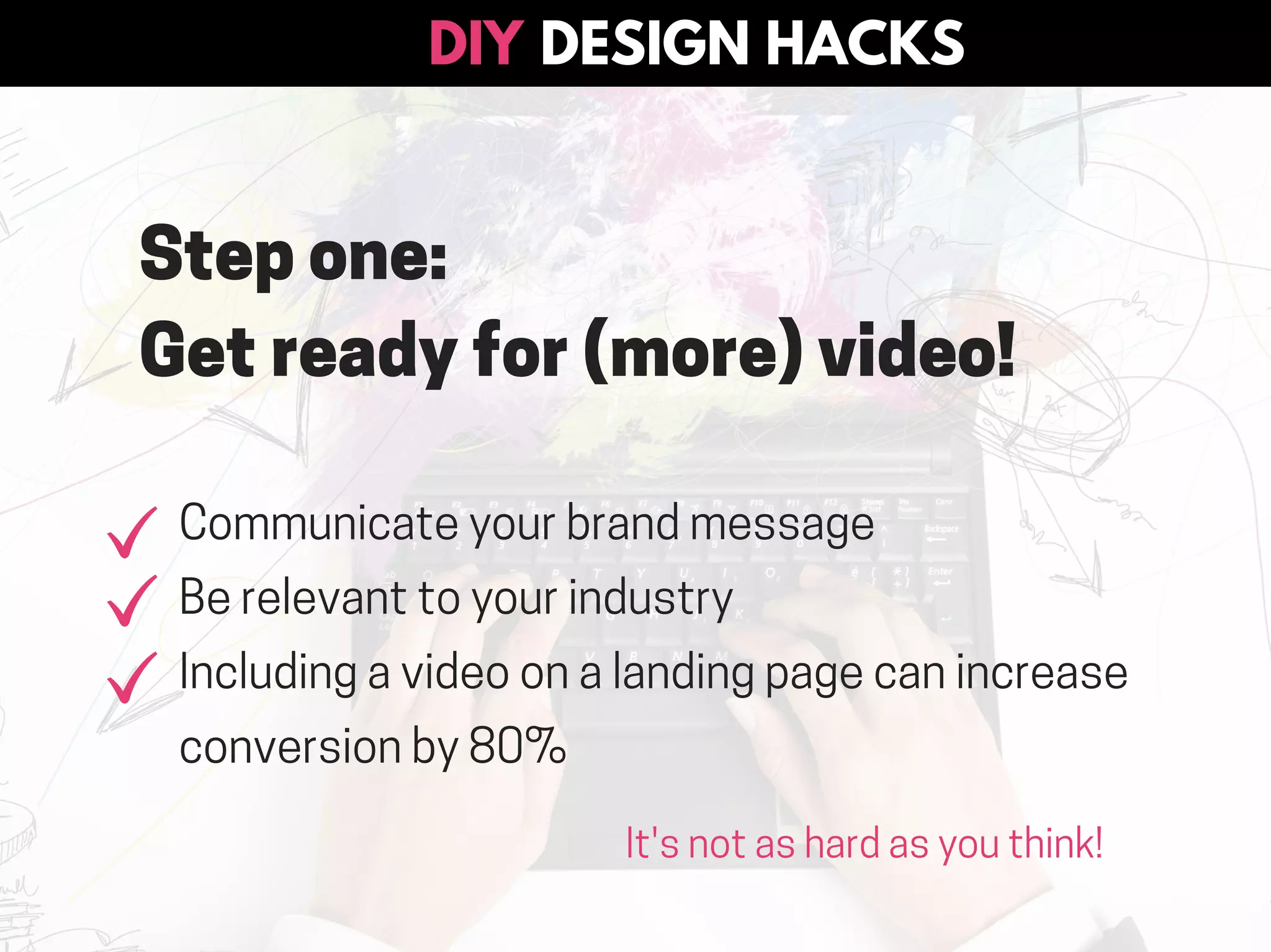 DESIGN HACKSDIY
Step one:
Get ready for (more) video!
It's not as hard as you think!
Communicate your brand message
Be relevant to your industry
Including a video on a landing page can increase
conversion by 80%