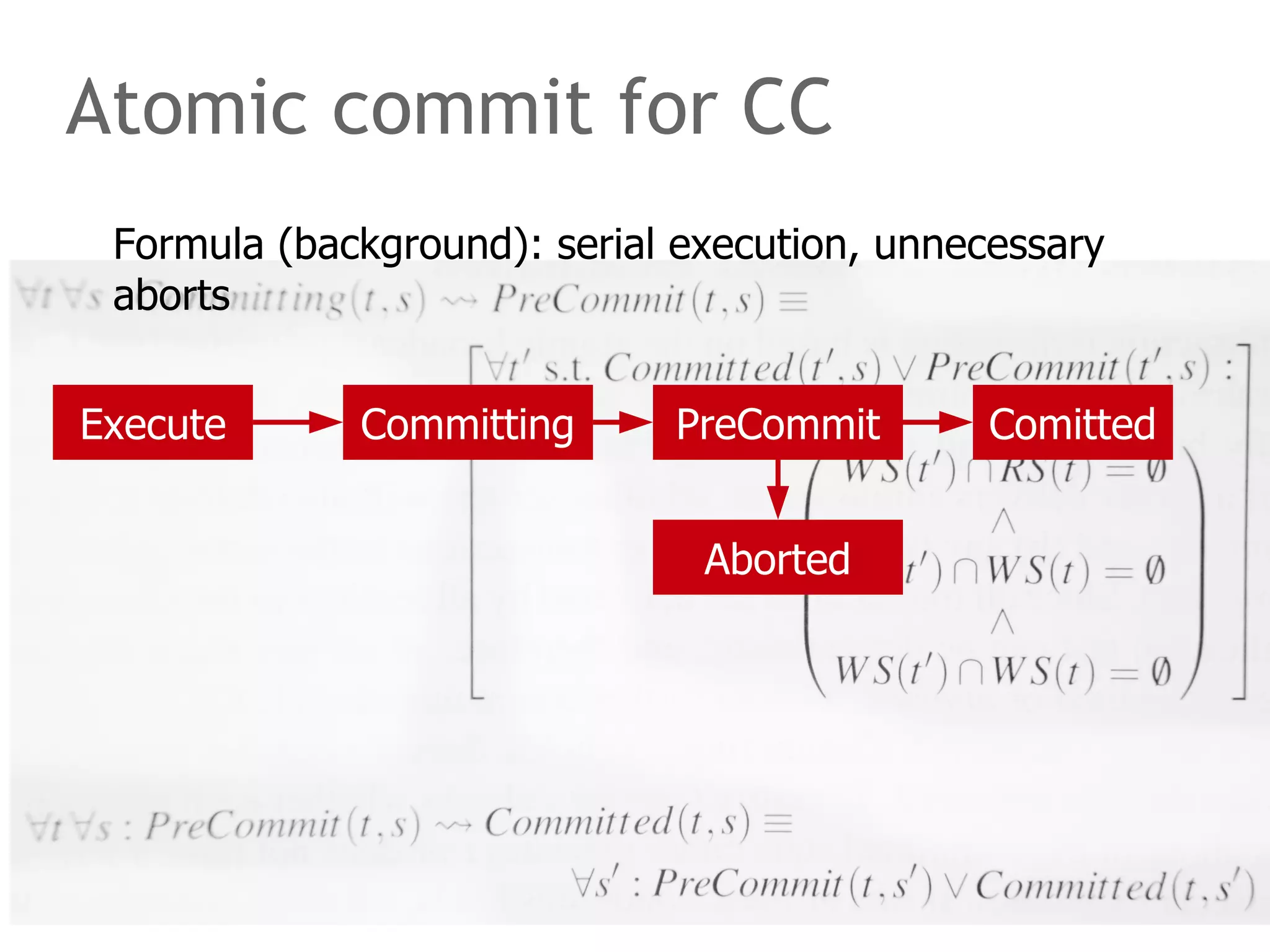 Atomic commit for CC
Execute Committing PreCommit
Aborted
Comitted
Formula (background): serial execution, unnecessary
aborts
 