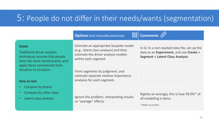 5: People do not differ in their needs/wants (segmentation)
26
Options (not mutually exclusive) Comments
Estimate an appro...