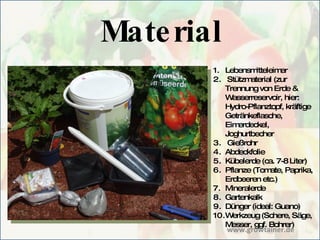 Material Lebensmitteleimer Stützmaterial (zur Trennung von Erde & Wasserreservoir, hier: Hydro-Pflanztopf, kräftige Getränkeflasche, Eimerdeckel, Joghurtbecher Gießrohr Abdeckfolie Kübelerde (ca. 7-8 Liter) Pflanze (Tomate, Paprika, Erdbeeren etc.) Mineralerde Gartenkalk Dünger (ideal: Guano) Werkzeug (Schere, Säge, Messer, ggf. Bohrer) www.growtainer.de 