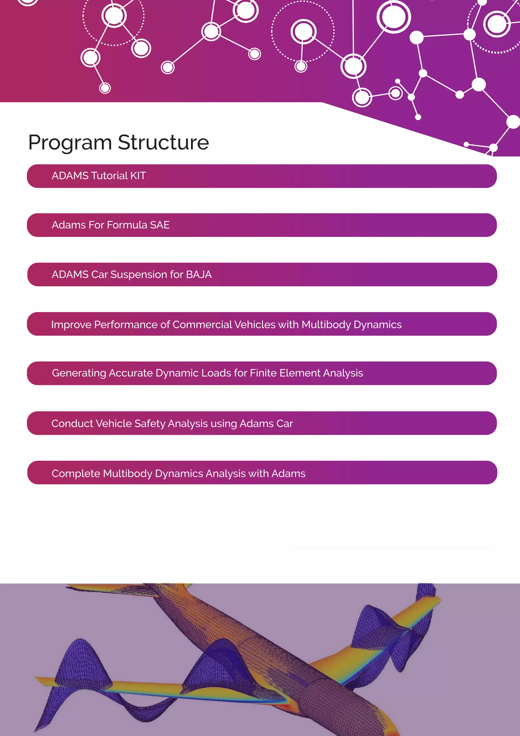 Program Structure
ADAMS Tutorial KIT
Adams For Formula SAE
ADAMS Car Suspension for BAJA
Improve Performance of Commercial Vehicles with Multibody Dynamics
Generating Accurate Dynamic Loads for Finite Element Analysis
Conduct Vehicle Safety Analysis using Adams Car
Complete Multibody Dynamics Analysis with Adams
 